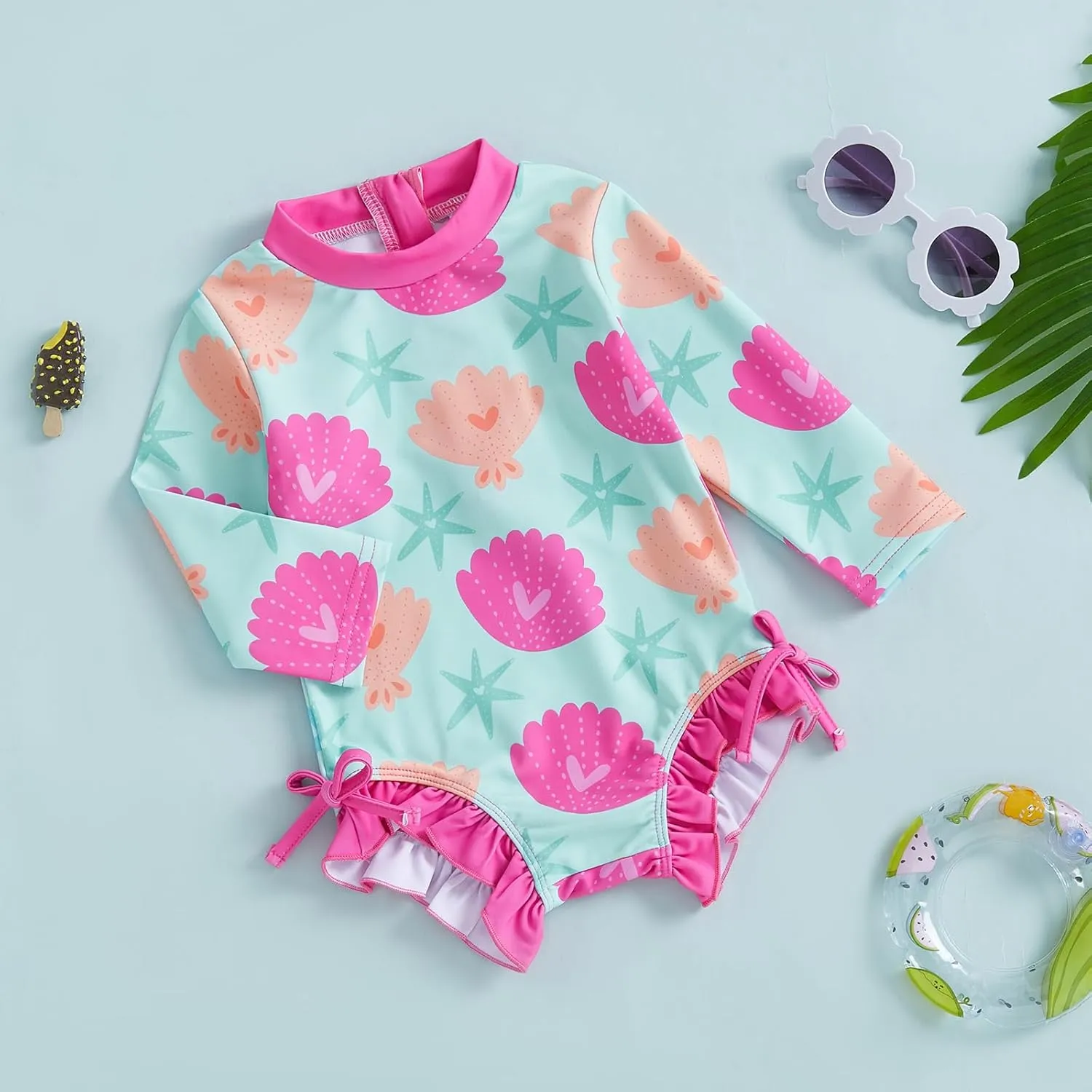Baby Girl Swimsuit Baby Girls Long Sleeve One Piece Swimsuit Romper with Hat Bathing Suit Beach Rash Guard