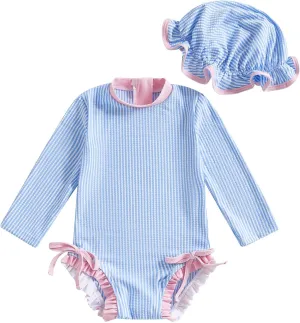 Baby Girl Swimsuit Baby Girls Long Sleeve One Piece Swimsuit Romper with Hat Bathing Suit Beach Rash Guard