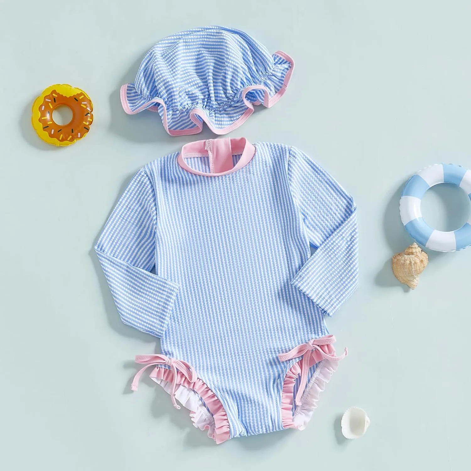 Baby Girl Swimsuit Baby Girls Long Sleeve One Piece Swimsuit Romper with Hat Bathing Suit Beach Rash Guard