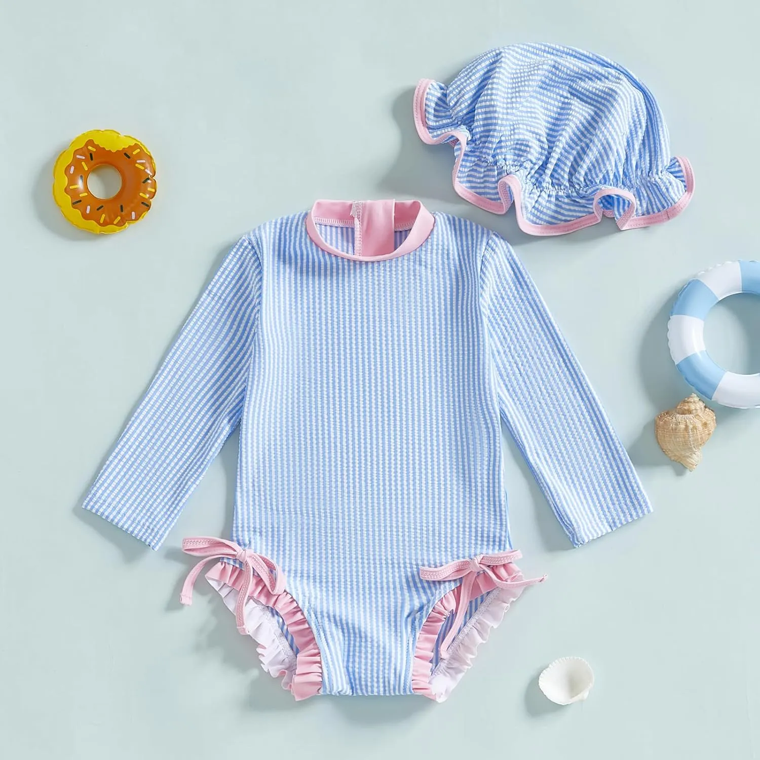 Baby Girl Swimsuit Baby Girls Long Sleeve One Piece Swimsuit Romper with Hat Bathing Suit Beach Rash Guard