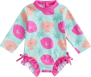Baby Girl Swimsuit Baby Girls Long Sleeve One Piece Swimsuit Romper with Hat Bathing Suit Beach Rash Guard