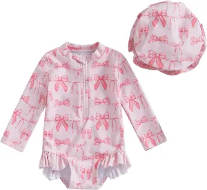 Baby Girl Swimsuit Baby Girls Long Sleeve One Piece Swimsuit Romper with Hat Bathing Suit Beach Rash Guard