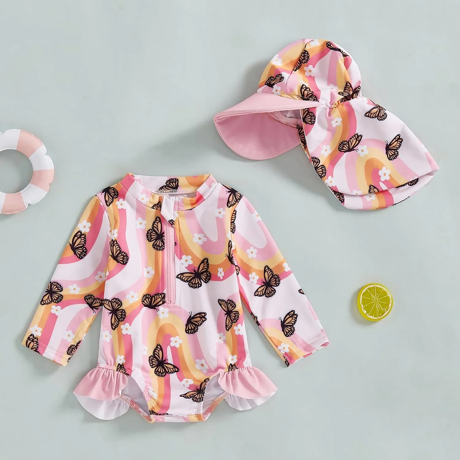 Baby Girl Swimsuit Baby Girls Long Sleeve One Piece Swimsuit Romper with Hat Bathing Suit Beach Rash Guard