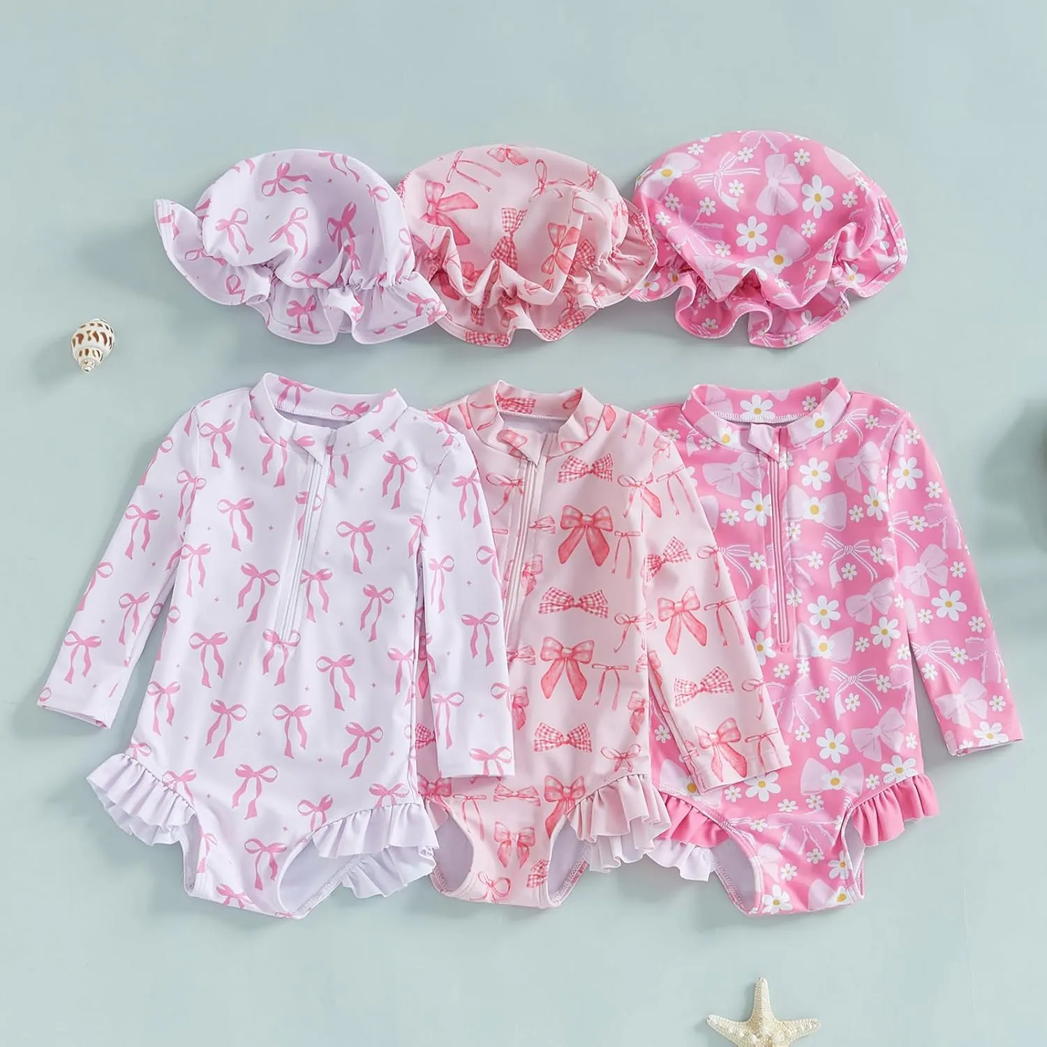 Baby Girl Swimsuit Baby Girls Long Sleeve One Piece Swimsuit Romper with Hat Bathing Suit Beach Rash Guard