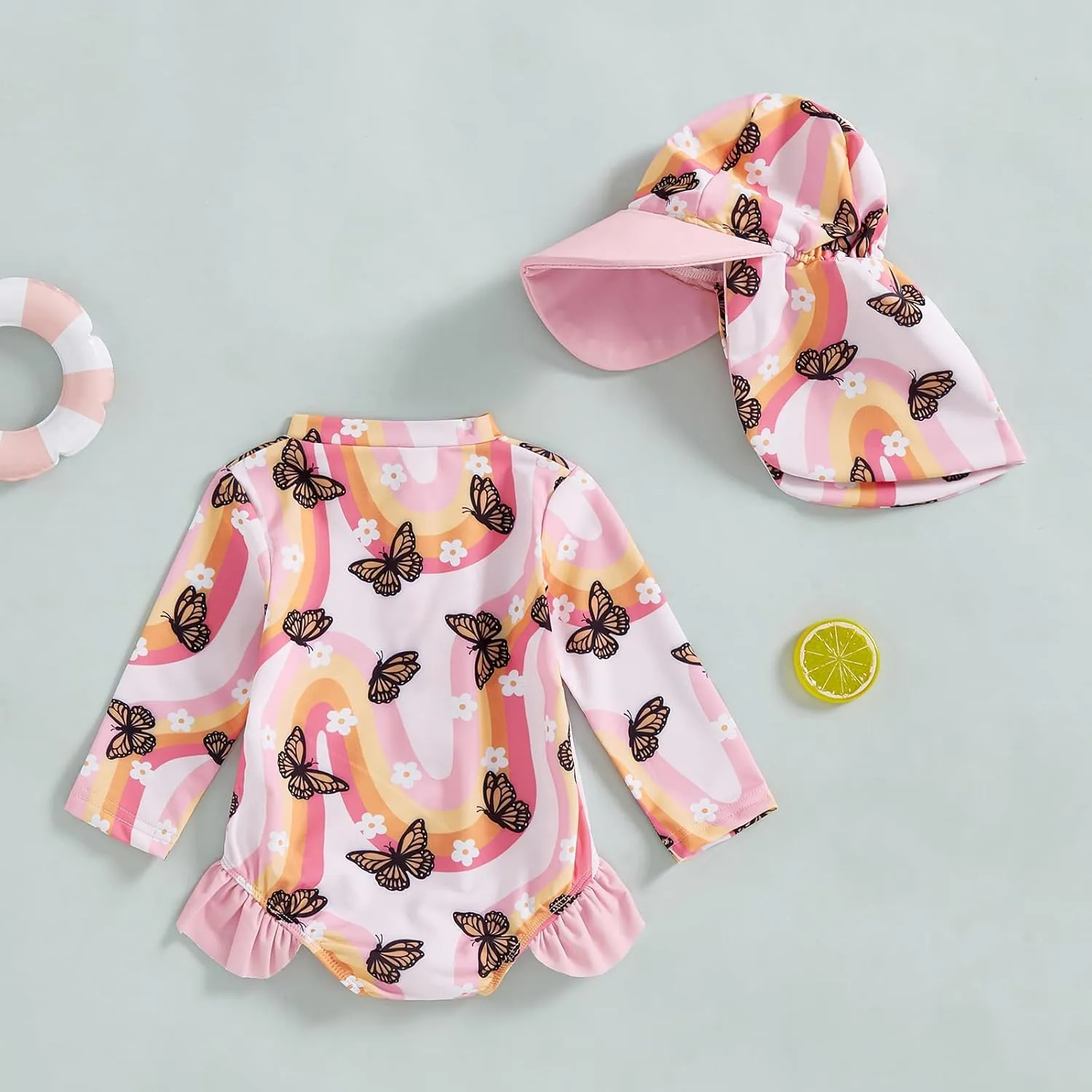Baby Girl Swimsuit Baby Girls Long Sleeve One Piece Swimsuit Romper with Hat Bathing Suit Beach Rash Guard