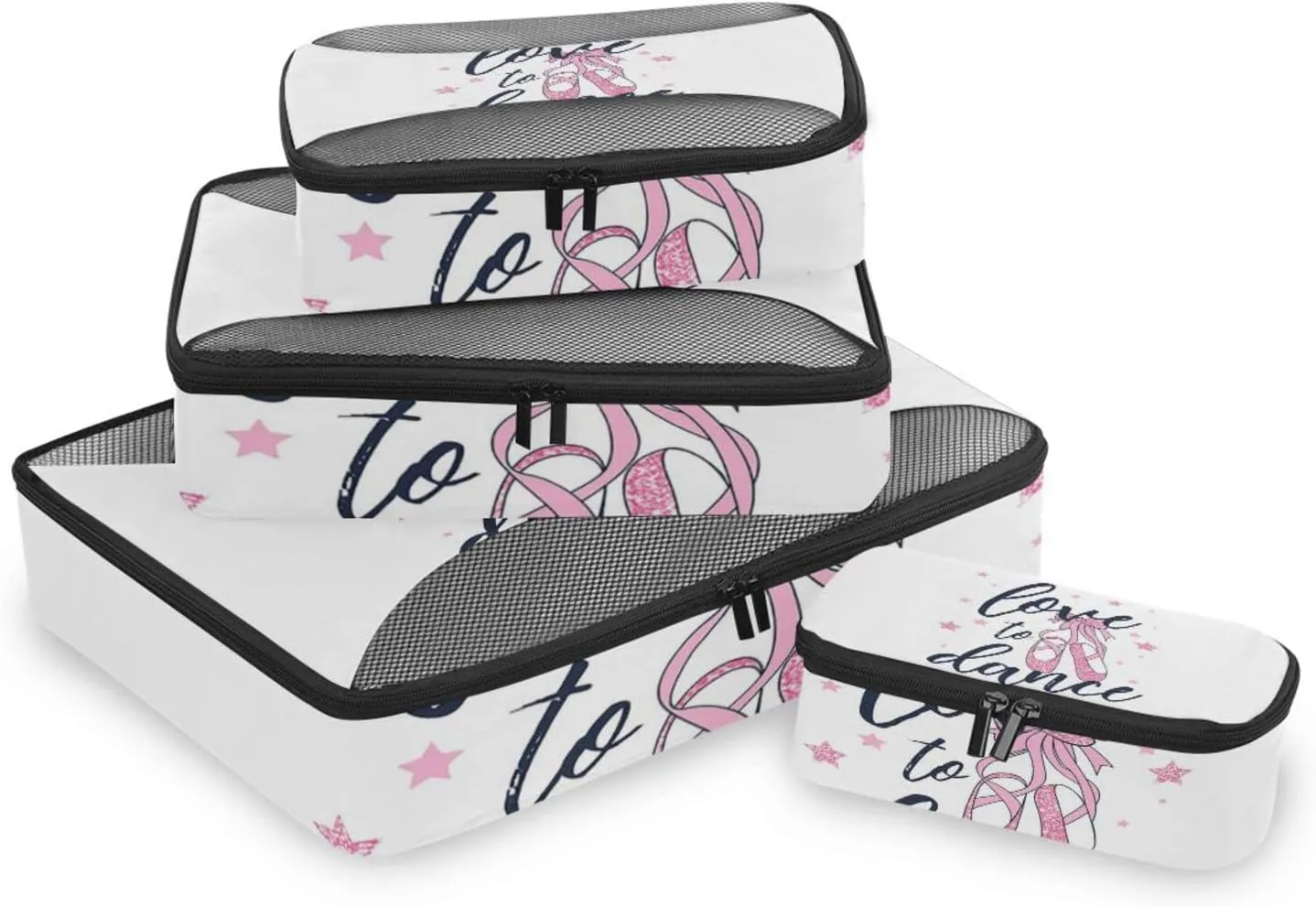 Ballerina Pink Dance Shoes 4 PCs Set Packing Bags, Luggage Organizer Bag, Portable Cube Toiletry bag, Durable Travel Cosmetic Storage Bag for Men Women