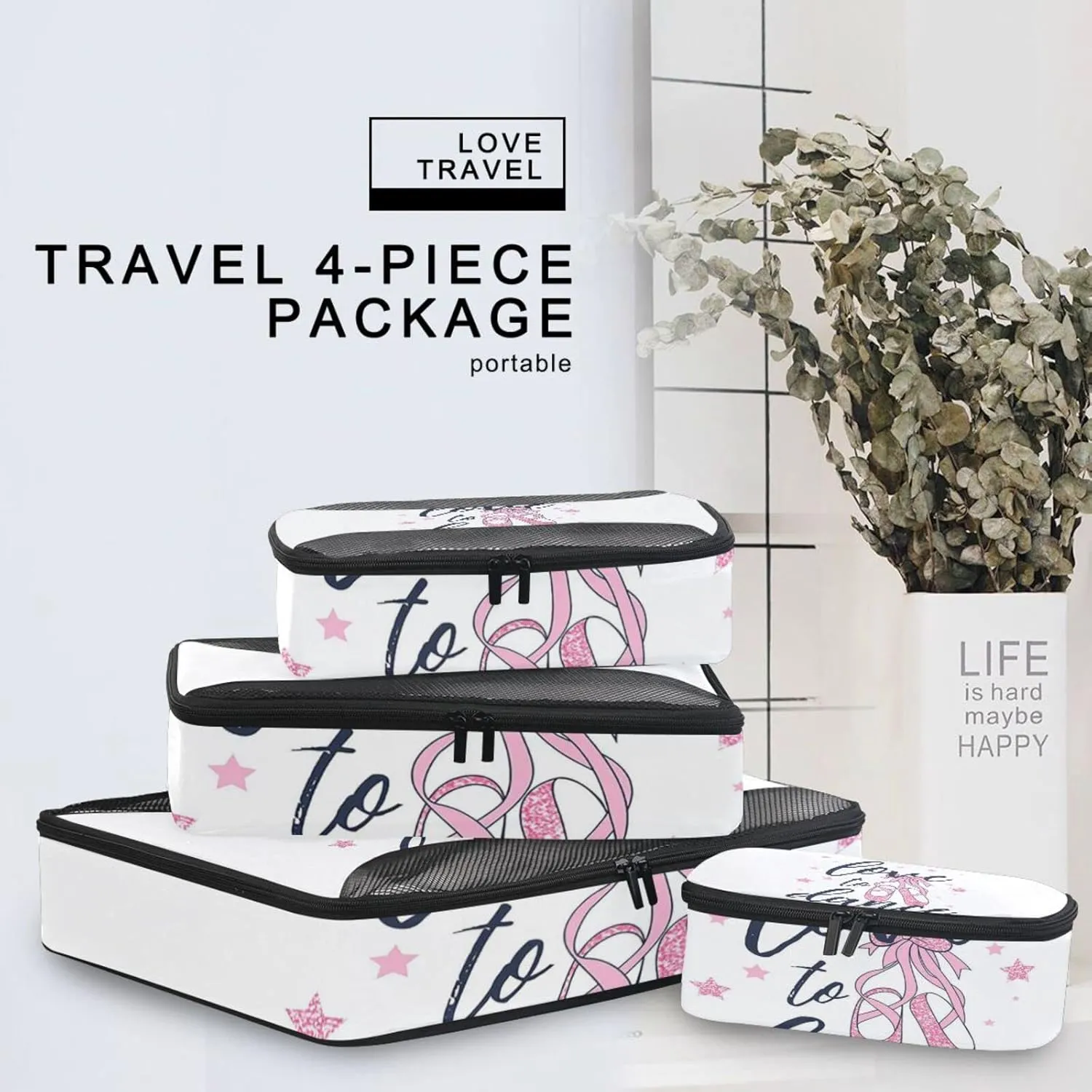 Ballerina Pink Dance Shoes 4 PCs Set Packing Bags, Luggage Organizer Bag, Portable Cube Toiletry bag, Durable Travel Cosmetic Storage Bag for Men Women
