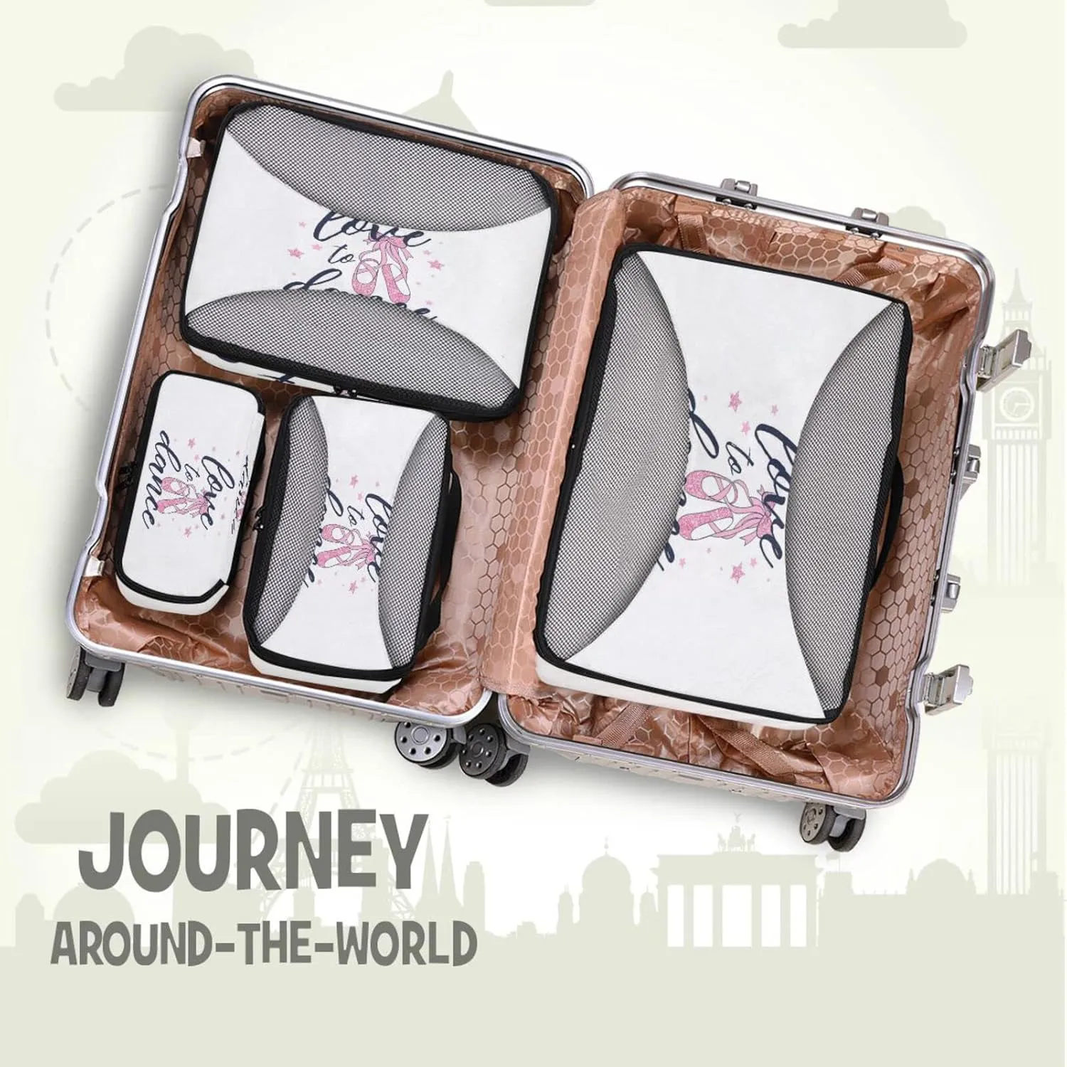 Ballerina Pink Dance Shoes 4 PCs Set Packing Bags, Luggage Organizer Bag, Portable Cube Toiletry bag, Durable Travel Cosmetic Storage Bag for Men Women