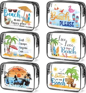 Beach Clear Makeup Bags - 6Pcs Summer Beach Bags BulkWaterproof Cosmetic Toiletry Purse Pouch, Women Girls Weekend Vacation Trip Travel Gifts, Beaches Party Favors Essentials Accessories