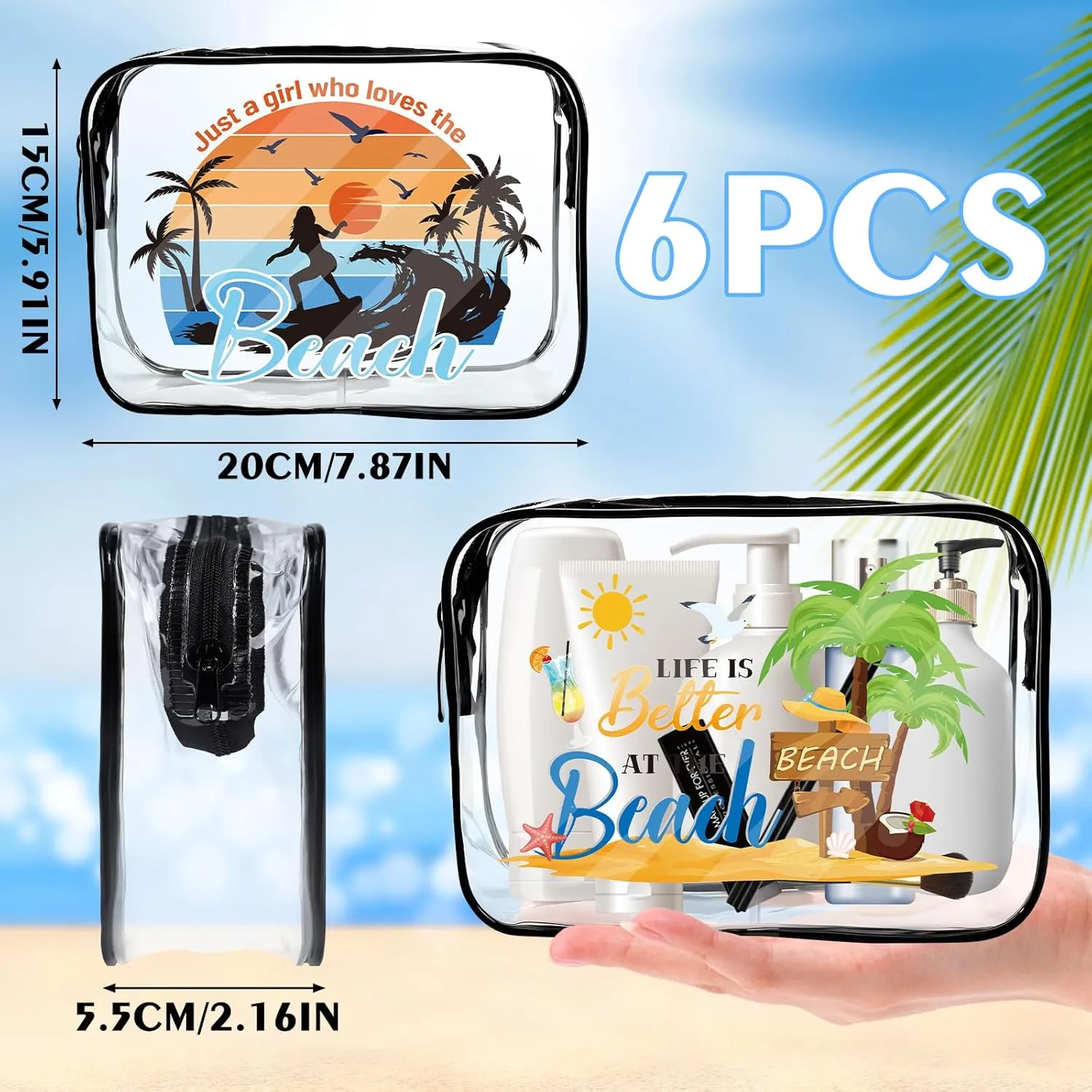 Beach Clear Makeup Bags - 6Pcs Summer Beach Bags BulkWaterproof Cosmetic Toiletry Purse Pouch, Women Girls Weekend Vacation Trip Travel Gifts, Beaches Party Favors Essentials Accessories