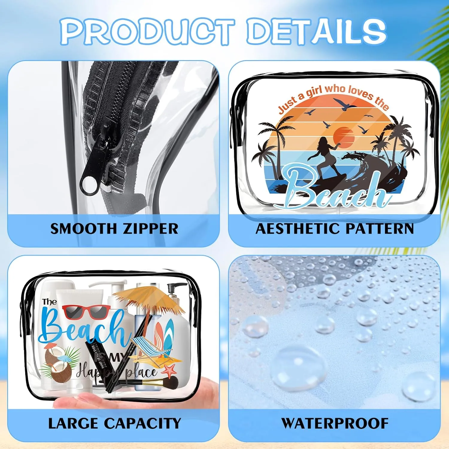 Beach Clear Makeup Bags - 6Pcs Summer Beach Bags BulkWaterproof Cosmetic Toiletry Purse Pouch, Women Girls Weekend Vacation Trip Travel Gifts, Beaches Party Favors Essentials Accessories