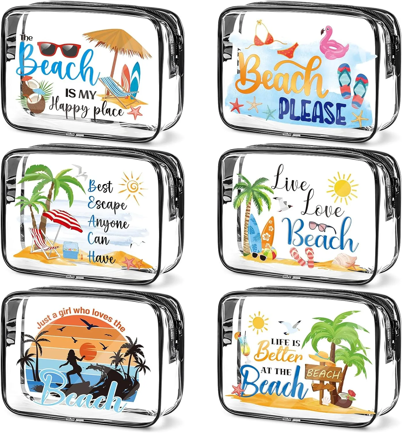 Beach Clear Makeup Bags - 6Pcs Summer Beach Bags BulkWaterproof Cosmetic Toiletry Purse Pouch, Women Girls Weekend Vacation Trip Travel Gifts, Beaches Party Favors Essentials Accessories