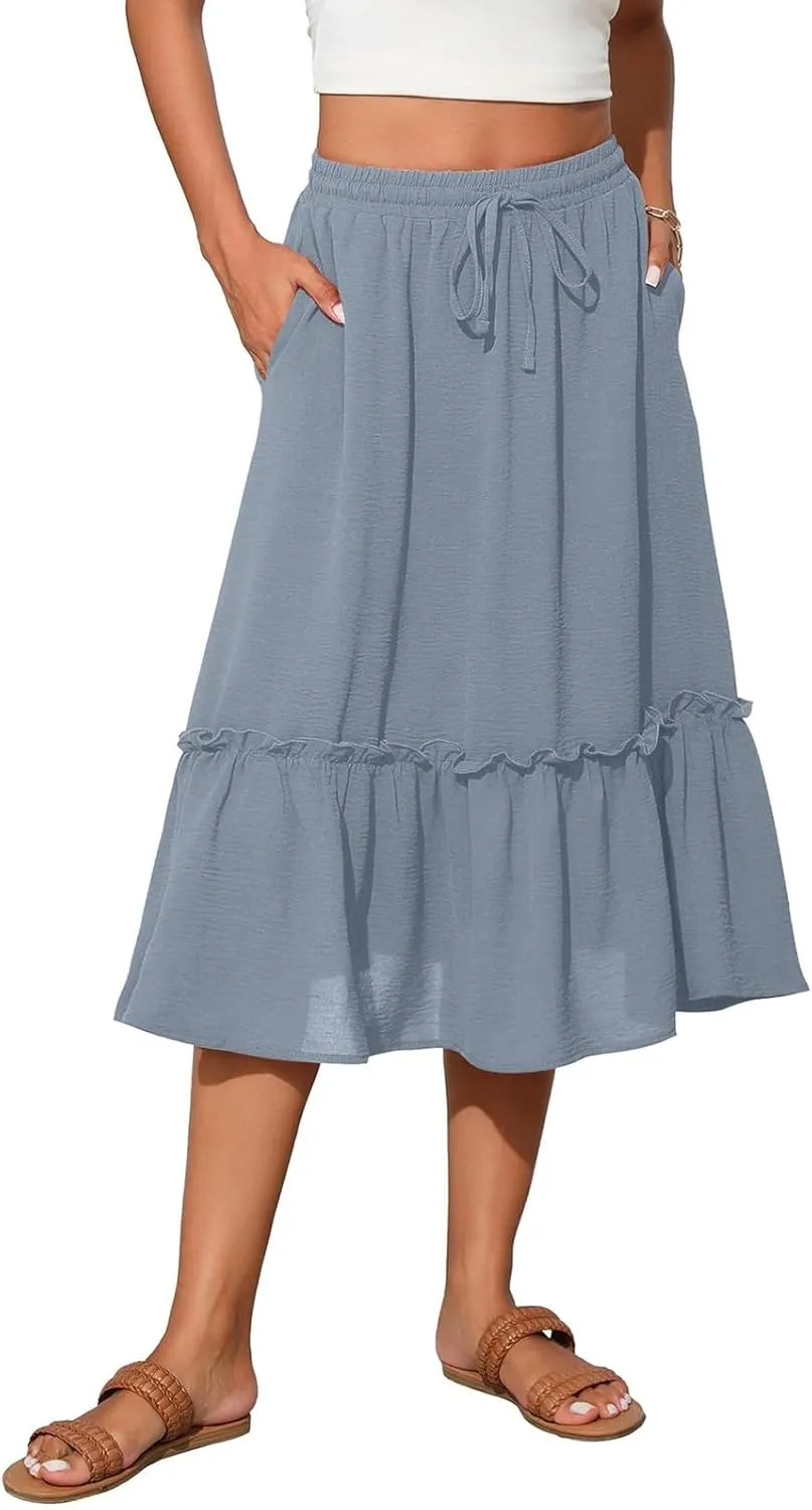 Black Pleated Skirt for Women with Pockets Plus Size A Line Layered Skirts Summer Stretchy Drawstring Beach -Skirts