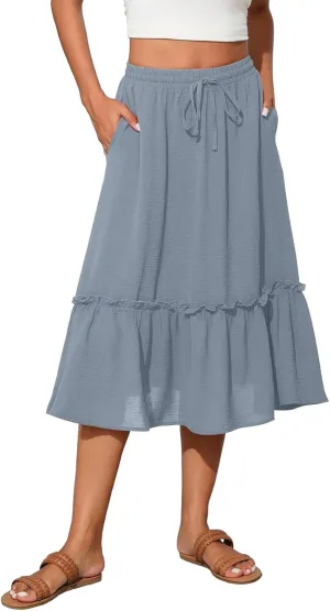 Black Pleated Skirt for Women with Pockets Plus Size A Line Layered Skirts Summer Stretchy Drawstring Beach -Skirts