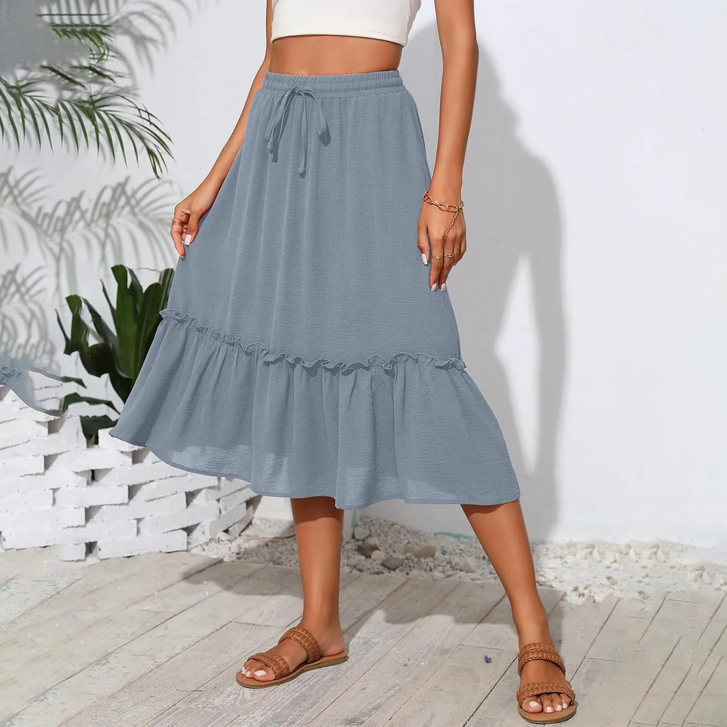 Black Pleated Skirt for Women with Pockets Plus Size A Line Layered Skirts Summer Stretchy Drawstring Beach -Skirts