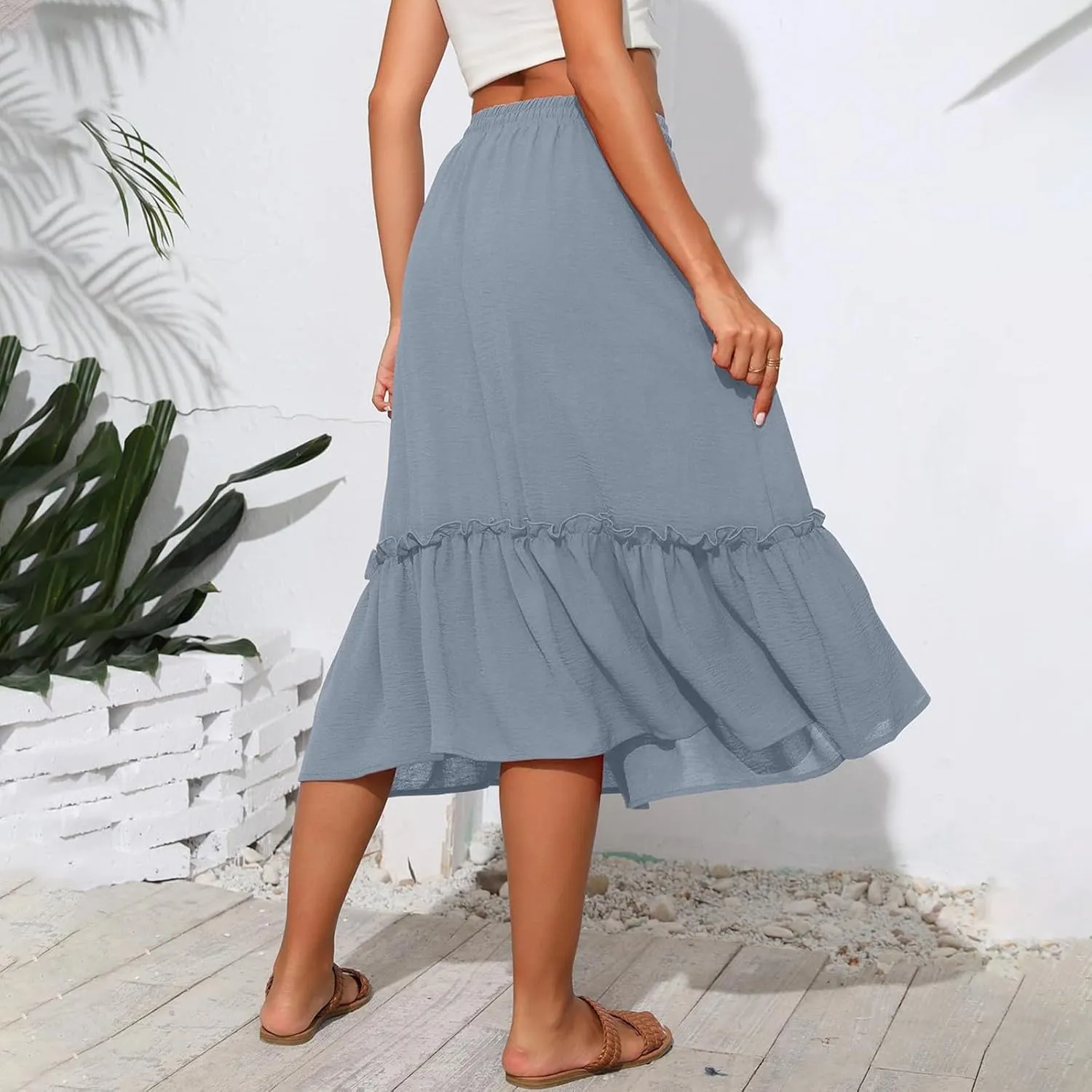 Black Pleated Skirt for Women with Pockets Plus Size A Line Layered Skirts Summer Stretchy Drawstring Beach -Skirts