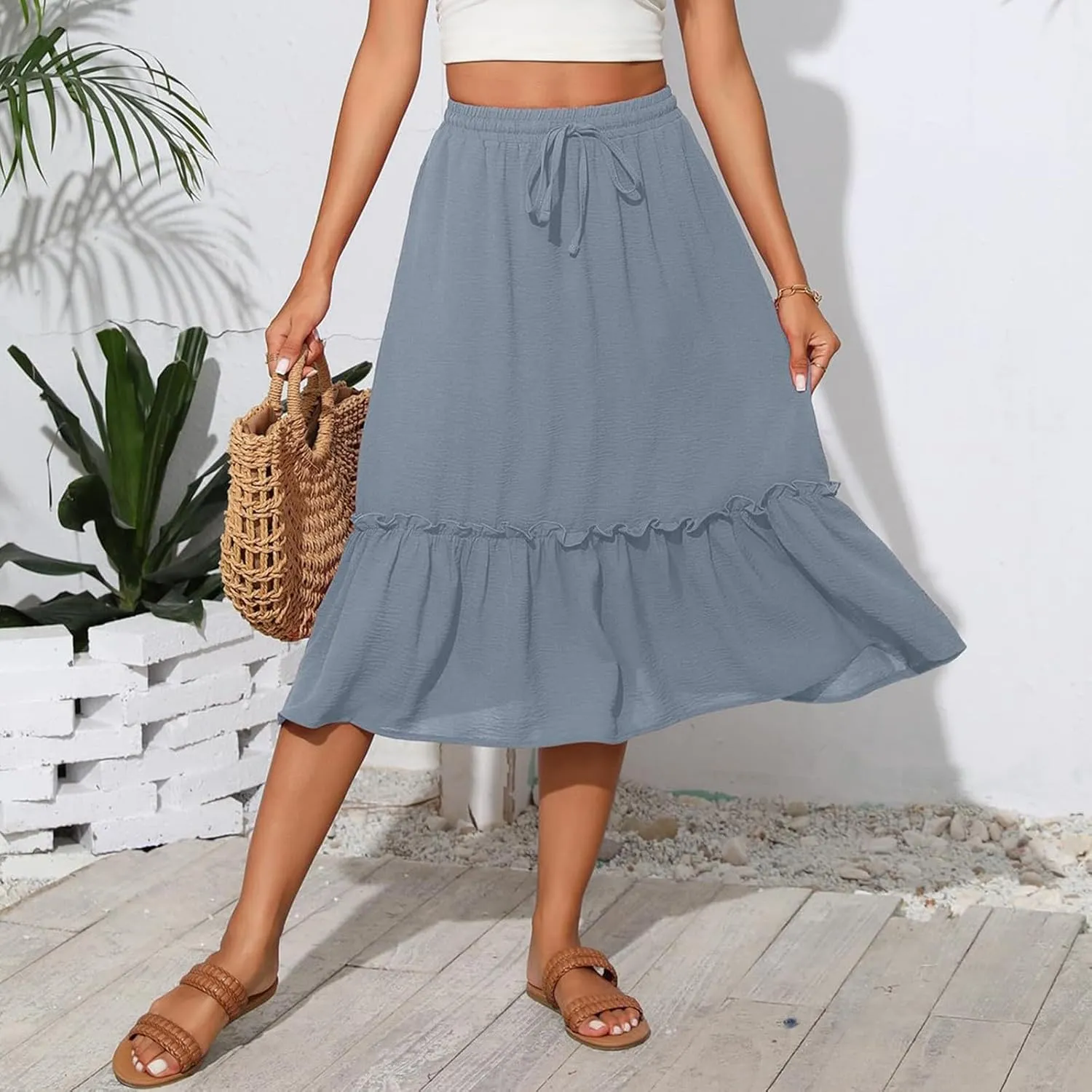 Black Pleated Skirt for Women with Pockets Plus Size A Line Layered Skirts Summer Stretchy Drawstring Beach -Skirts