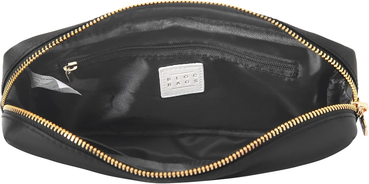 BLOC Bags Travel Makeup Bag, Cosmetic Bags for Women, Medium Cute Toiletry Bag, Make up Bag, Beauty Bag with Chenille Patch and Top Zipper, Inside Zipper Pouch and Mesh Pockets (Black Heart, Black)