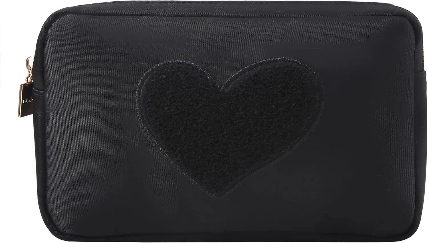BLOC Bags Travel Makeup Bag, Cosmetic Bags for Women, Medium Cute Toiletry Bag, Make up Bag, Beauty Bag with Chenille Patch and Top Zipper, Inside Zipper Pouch and Mesh Pockets (Black Heart, Black)