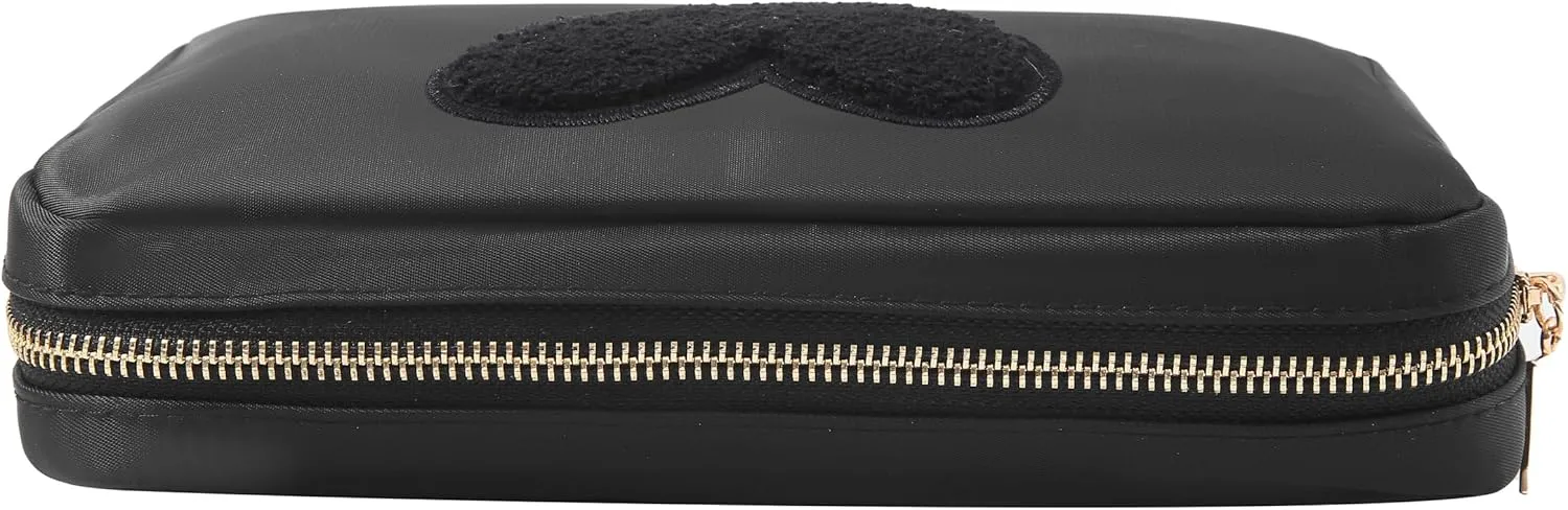 BLOC Bags Travel Makeup Bag, Cosmetic Bags for Women, Medium Cute Toiletry Bag, Make up Bag, Beauty Bag with Chenille Patch and Top Zipper, Inside Zipper Pouch and Mesh Pockets (Black Heart, Black)