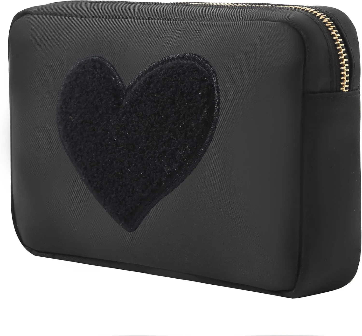 BLOC Bags Travel Makeup Bag, Cosmetic Bags for Women, Medium Cute Toiletry Bag, Make up Bag, Beauty Bag with Chenille Patch and Top Zipper, Inside Zipper Pouch and Mesh Pockets (Black Heart, Black)