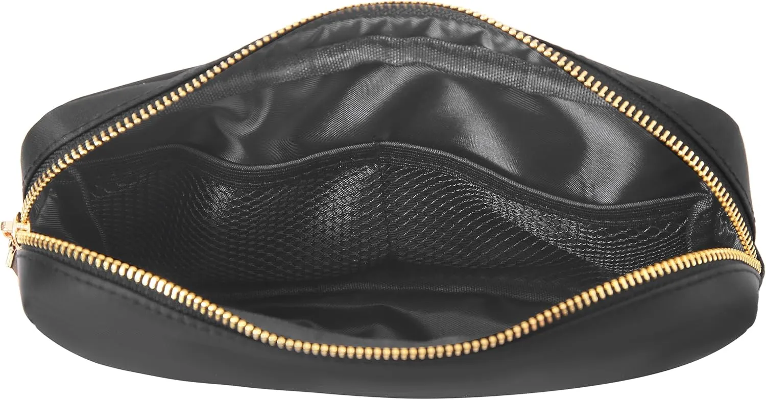 BLOC Bags Travel Makeup Bag, Cosmetic Bags for Women, Medium Cute Toiletry Bag, Make up Bag, Beauty Bag with Chenille Patch and Top Zipper, Inside Zipper Pouch and Mesh Pockets (Black Heart, Black)