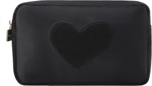 BLOC Bags Travel Makeup Bag, Cosmetic Bags for Women, Medium Cute Toiletry Bag, Make up Bag, Beauty Bag with Chenille Patch and Top Zipper, Inside Zipper Pouch and Mesh Pockets (Black Heart, Black)