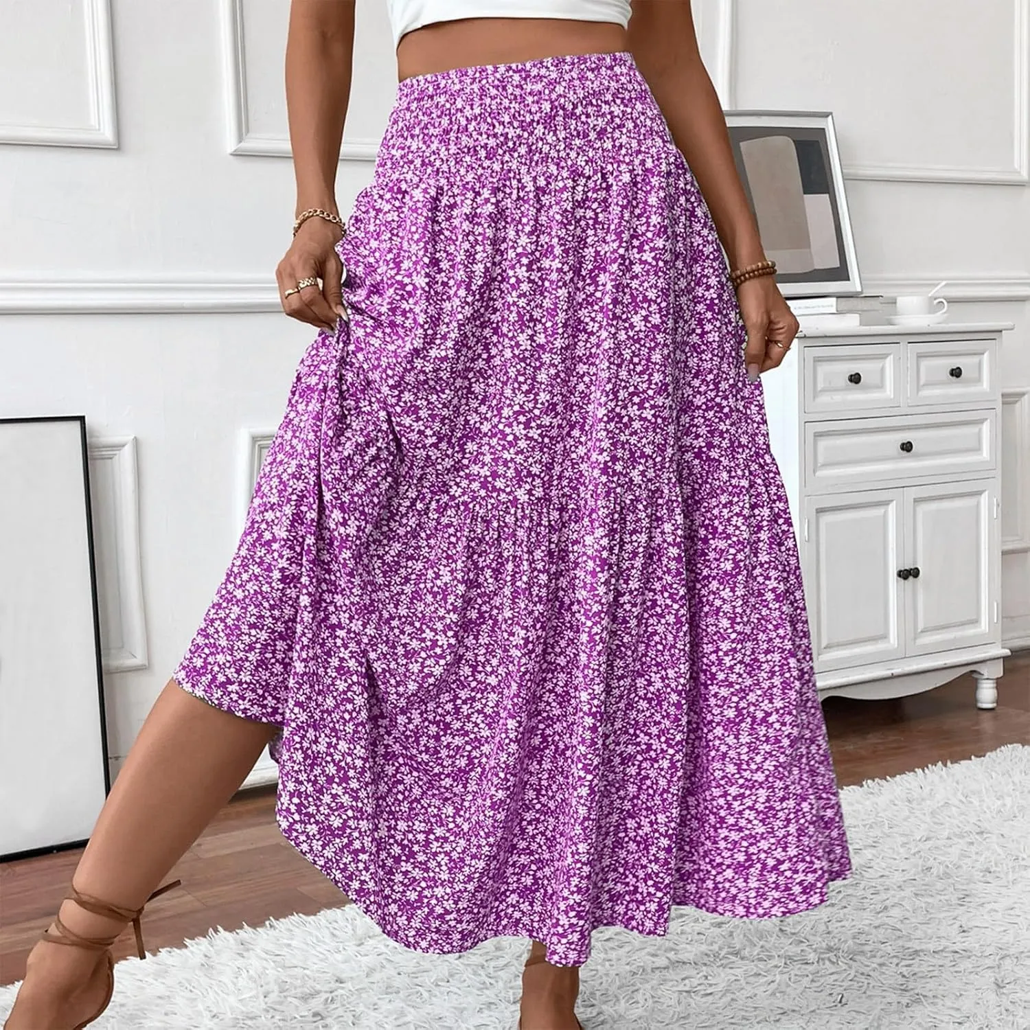 Bohemian Skirts for Women Trendy Country Floral Festival Smocked Beach Flutter Travel Elastic Waist Peasant Swing Skirts