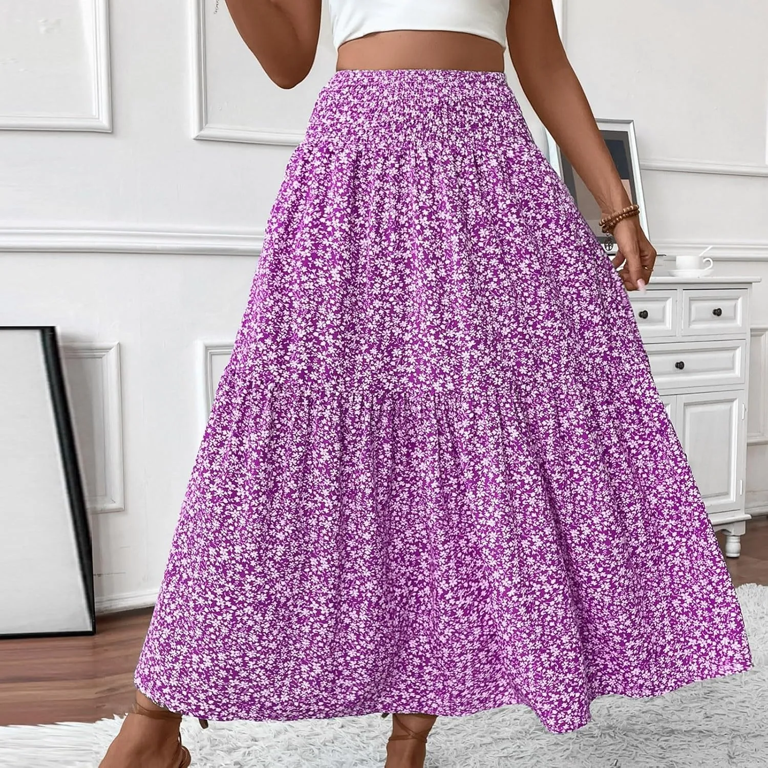 Bohemian Skirts for Women Trendy Country Floral Festival Smocked Beach Flutter Travel Elastic Waist Peasant Swing Skirts
