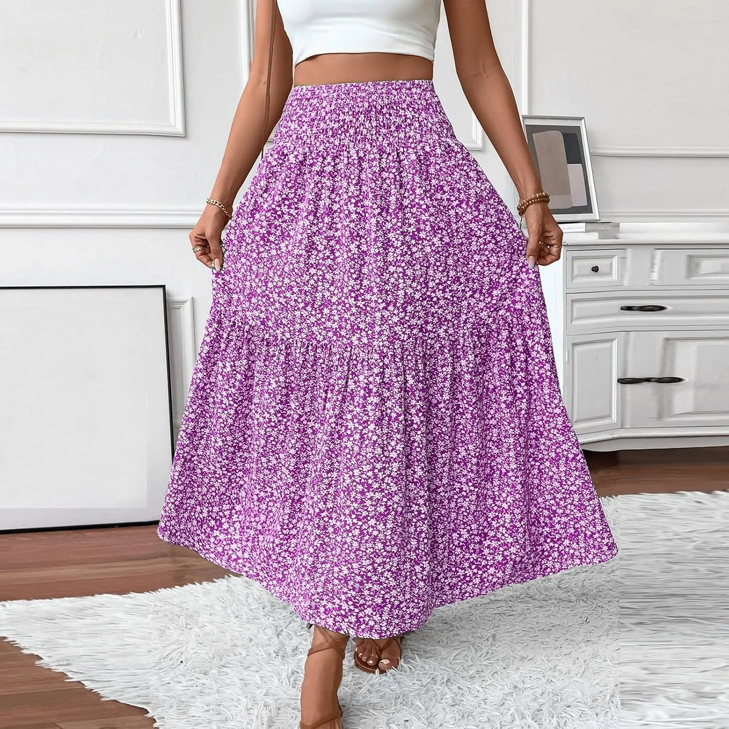 Bohemian Skirts for Women Trendy Country Floral Festival Smocked Beach Flutter Travel Elastic Waist Peasant Swing Skirts