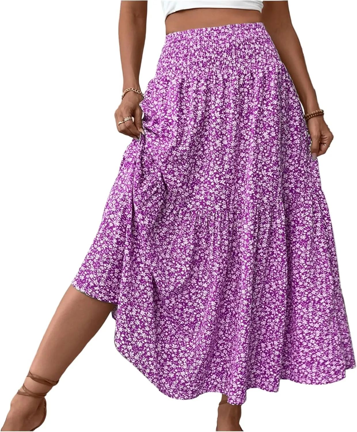 Bohemian Skirts for Women Trendy Country Floral Festival Smocked Beach Flutter Travel Elastic Waist Peasant Swing Skirts