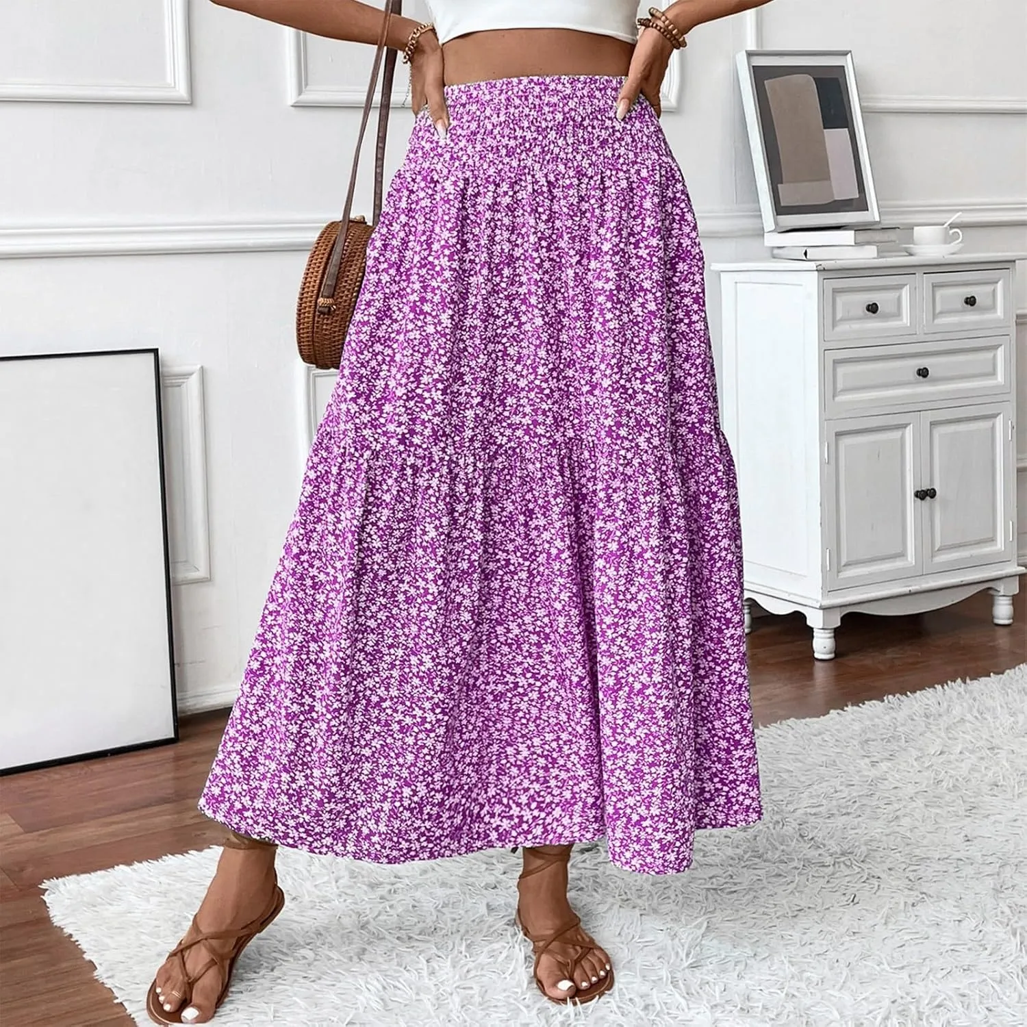 Bohemian Skirts for Women Trendy Country Floral Festival Smocked Beach Flutter Travel Elastic Waist Peasant Swing Skirts