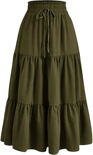 Boho Skirts for Women 2025 Summer Trendy Floral Flowy Maxi Skirt Elastic High Waist Tiered A-Line Beach Dress