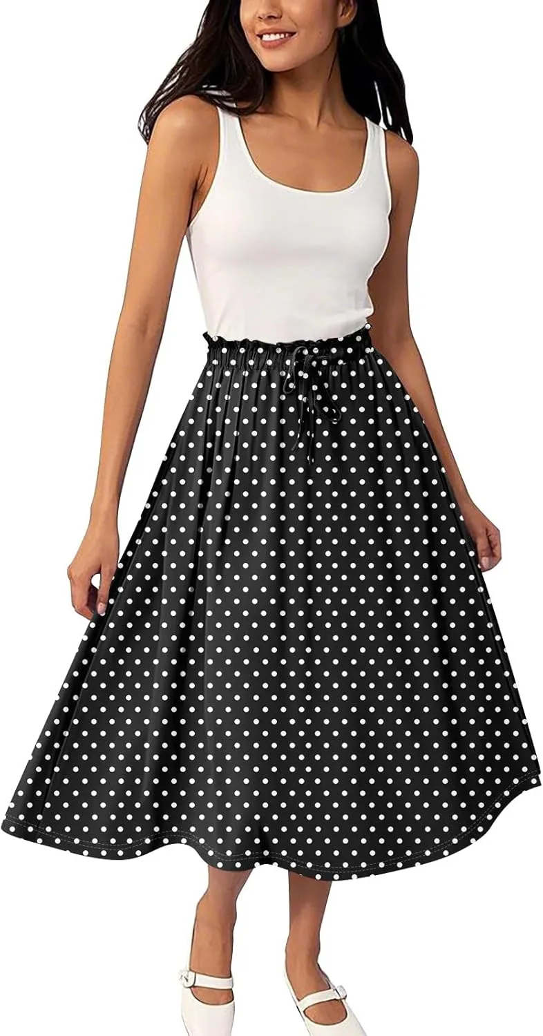 Boho Skirts for Women - High Waisted Floral Maxi Skirt with Pockets, Elastic Waist Flowy Beach Vacation Dress