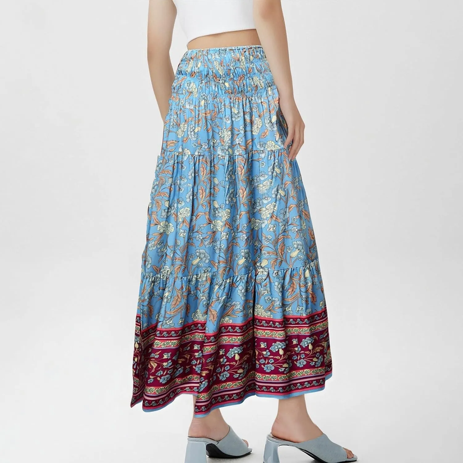 Boho Skirts for Women Summer Casual Flowy Floral Tiered Pleated Stretchy High Waisted Cute Beach A Line Long Skirts