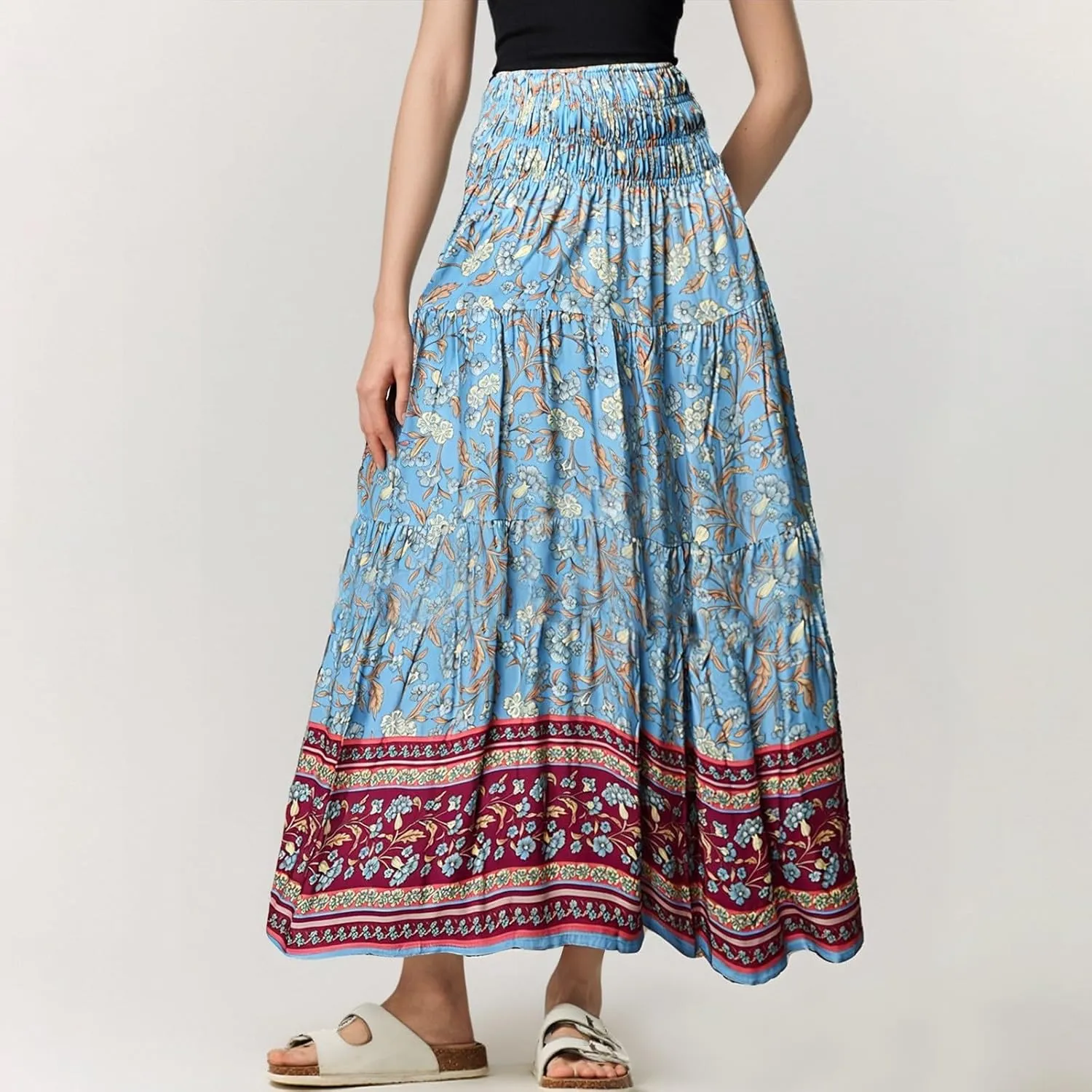 Boho Skirts for Women Summer Casual Flowy Floral Tiered Pleated Stretchy High Waisted Cute Beach A Line Long Skirts