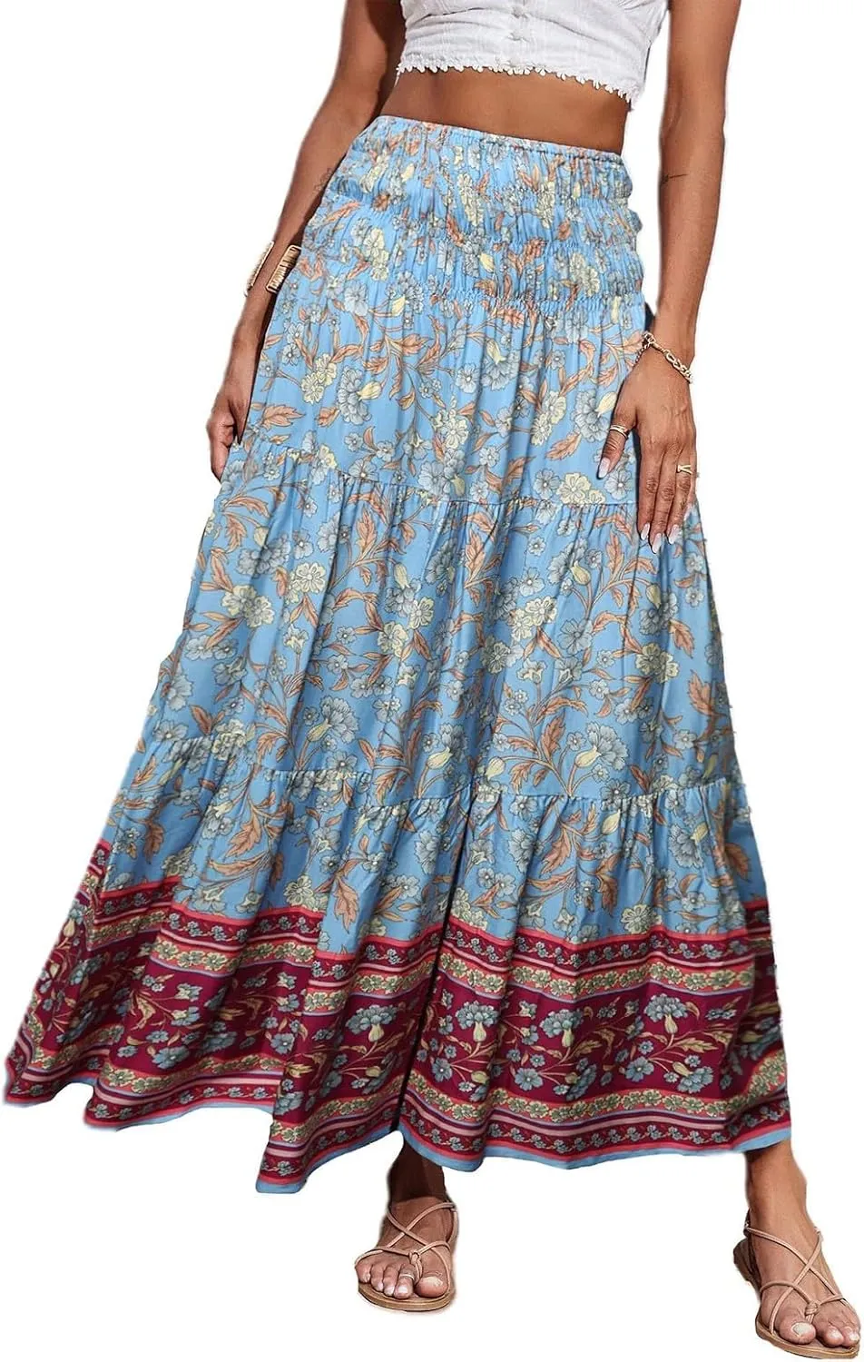 Boho Skirts for Women Summer Casual Flowy Floral Tiered Pleated Stretchy High Waisted Cute Beach A Line Long Skirts