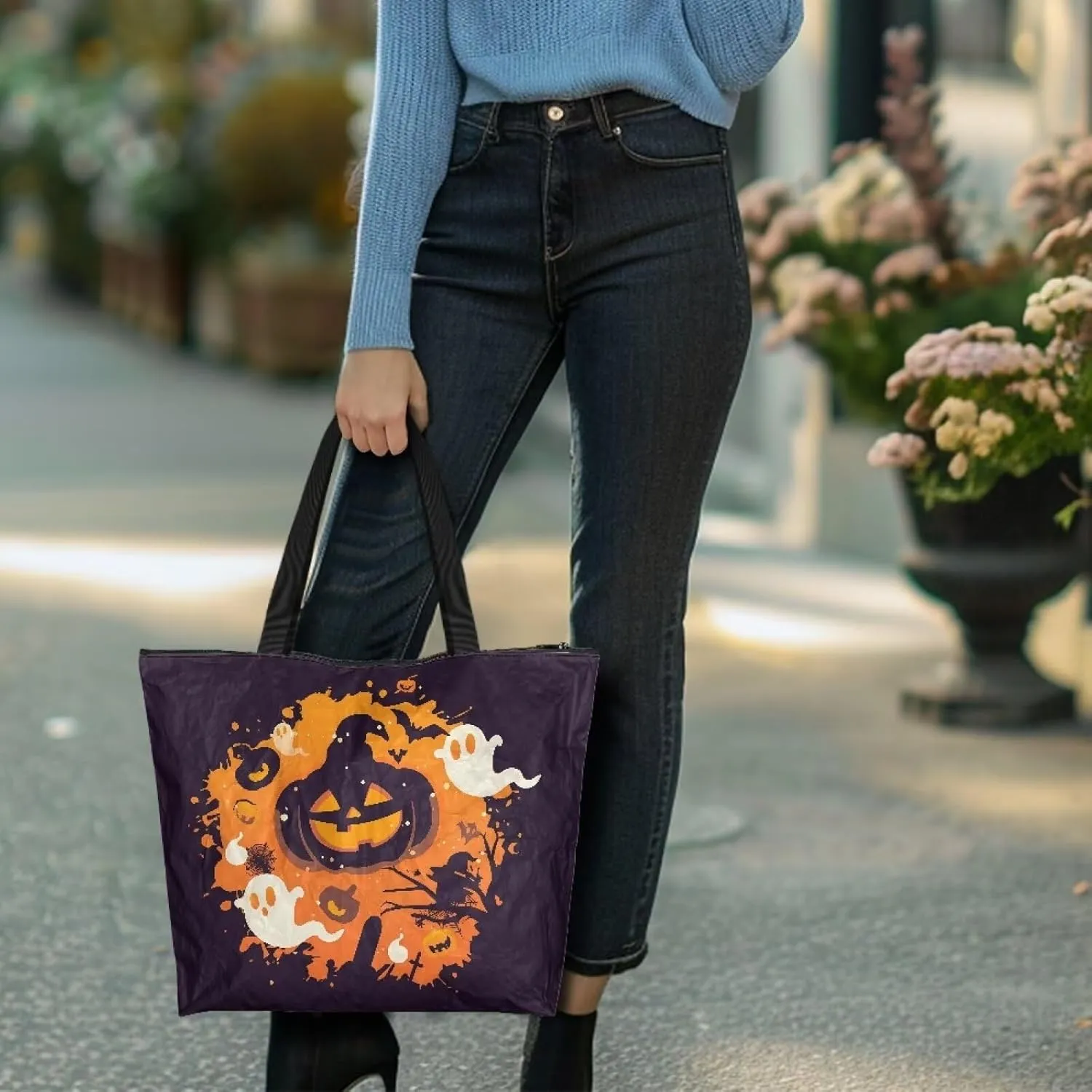 Border Collie Dog Women Handbag, Corgi Dog Shoulder Bag, Halloween Skull Spider Web Eco-Friendly Paper Tote Bags