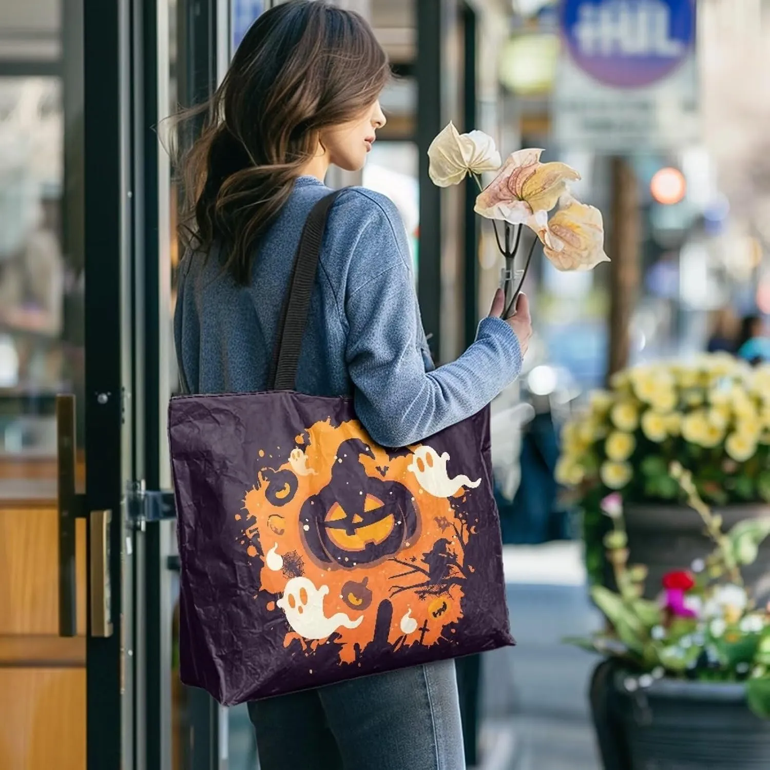 Border Collie Dog Women Handbag, Corgi Dog Shoulder Bag, Halloween Skull Spider Web Eco-Friendly Paper Tote Bags