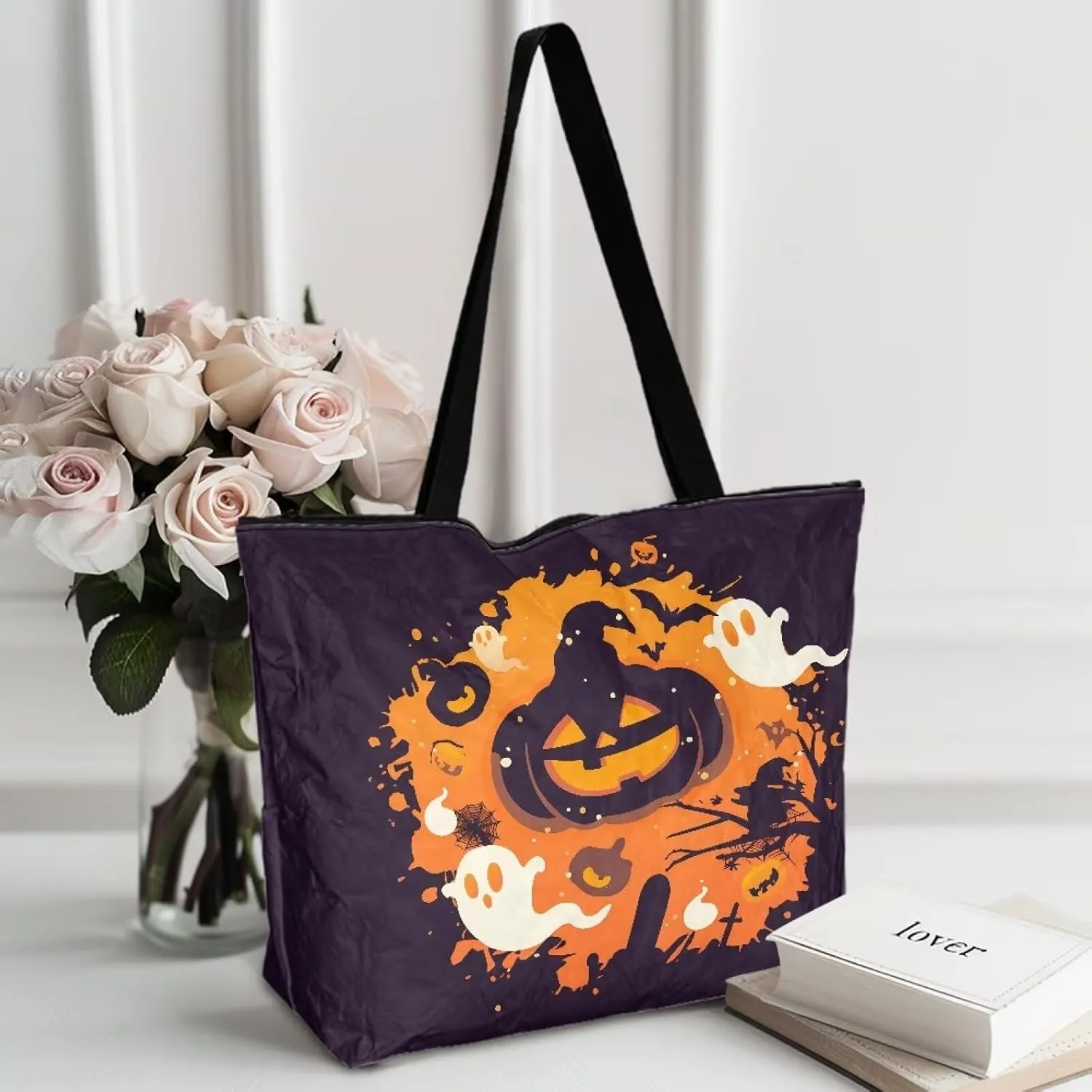 Border Collie Dog Women Handbag, Corgi Dog Shoulder Bag, Halloween Skull Spider Web Eco-Friendly Paper Tote Bags