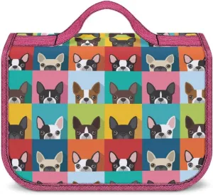 Boston Terrier Pattern Toiletry Bag with Hanging Hook Large Cosmetic Bags Detachable Makeup Pouch Bathroom Accessories