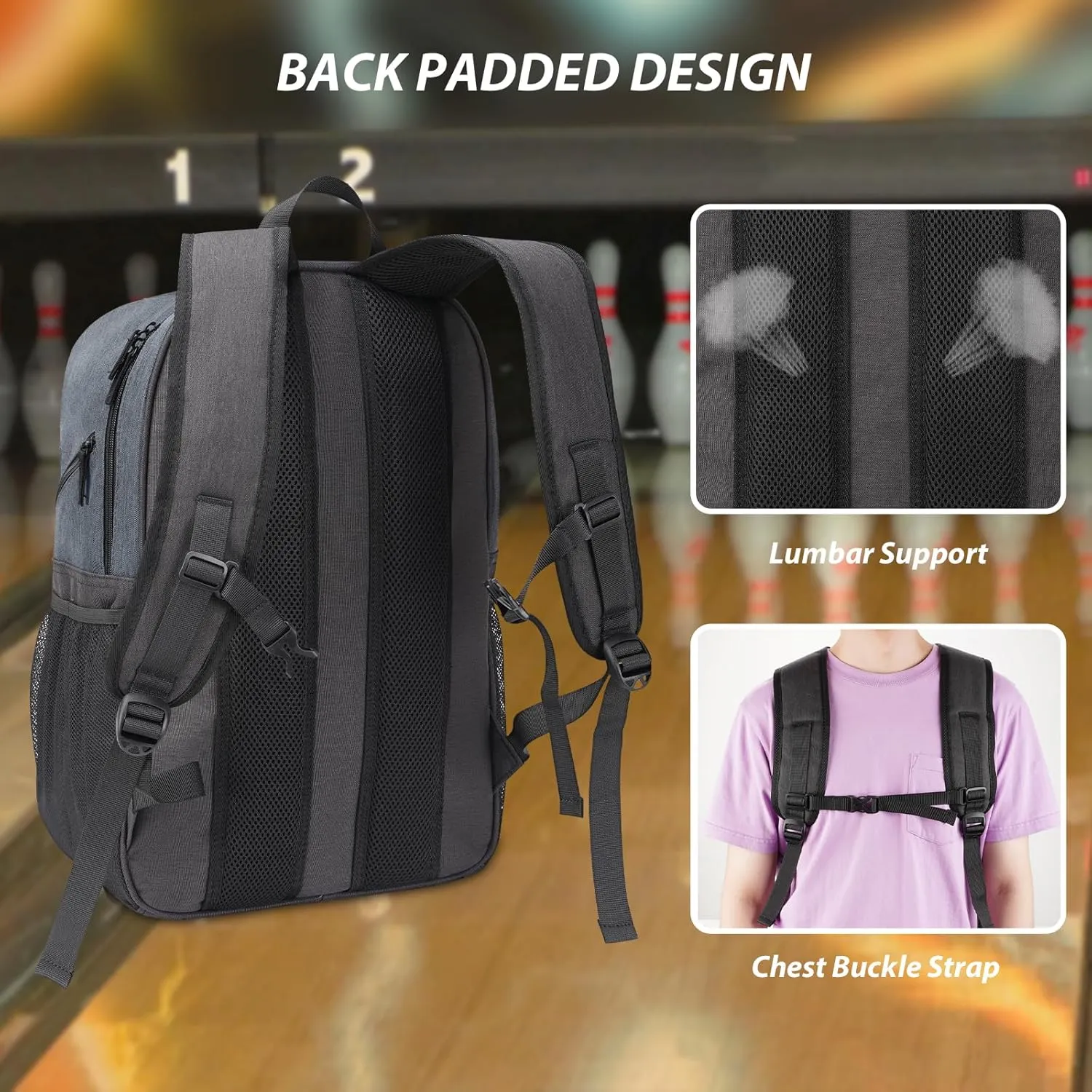 Bosynoy Bowling Backpack, Bowling Ball Bag Totes for Single Ball with Shoe Compartment & Foam Padded, Fits Shoes Up to US Mens Size 16, Grey