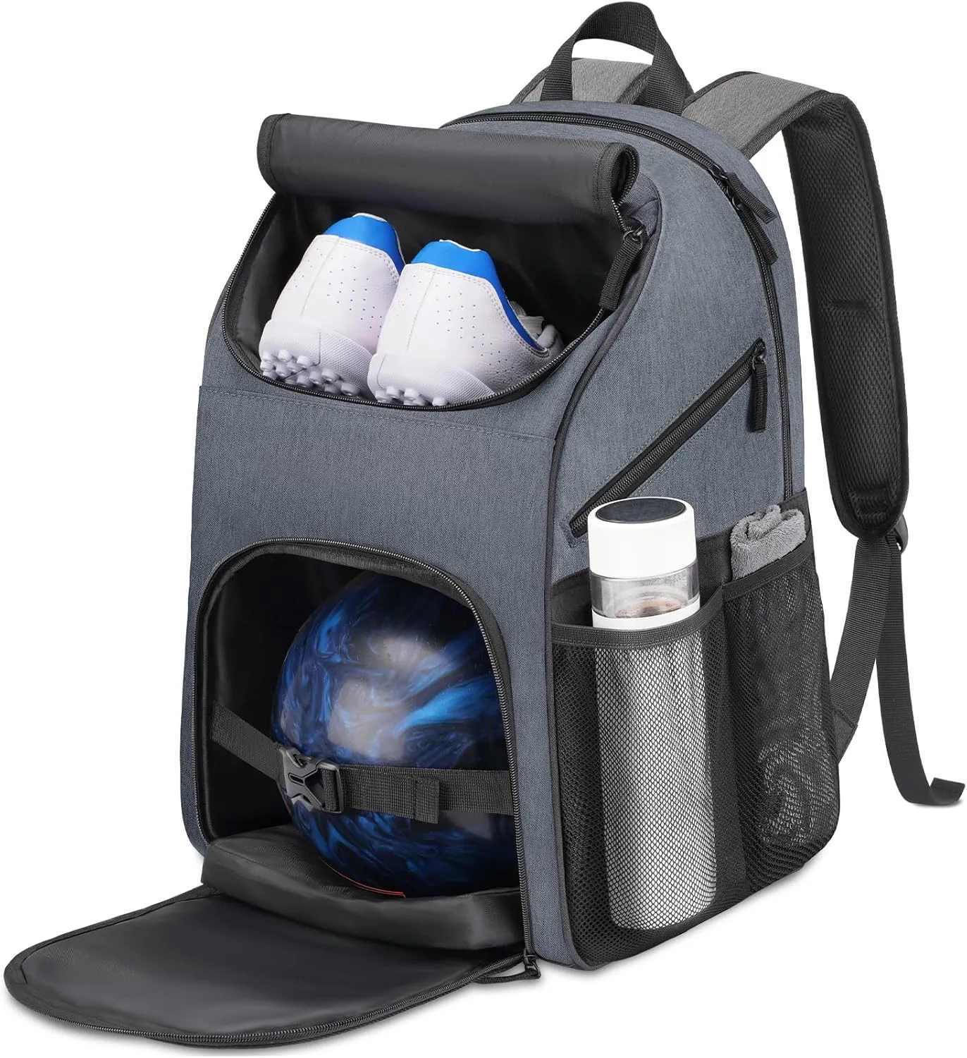 Bosynoy Bowling Backpack, Bowling Ball Bag Totes for Single Ball with Shoe Compartment & Foam Padded, Fits Shoes Up to US Mens Size 16, Grey