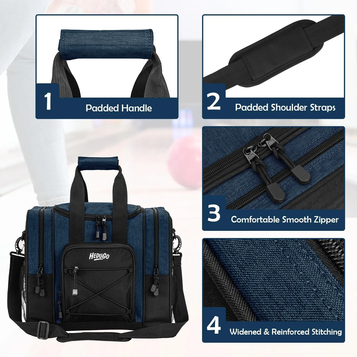 Bowling Ball Bag with Foam Cushion - Single Ball Tote with Padded Strap for Men & Women - Fits Bowling Shoes Up to Mens Size 14 & Accessories
