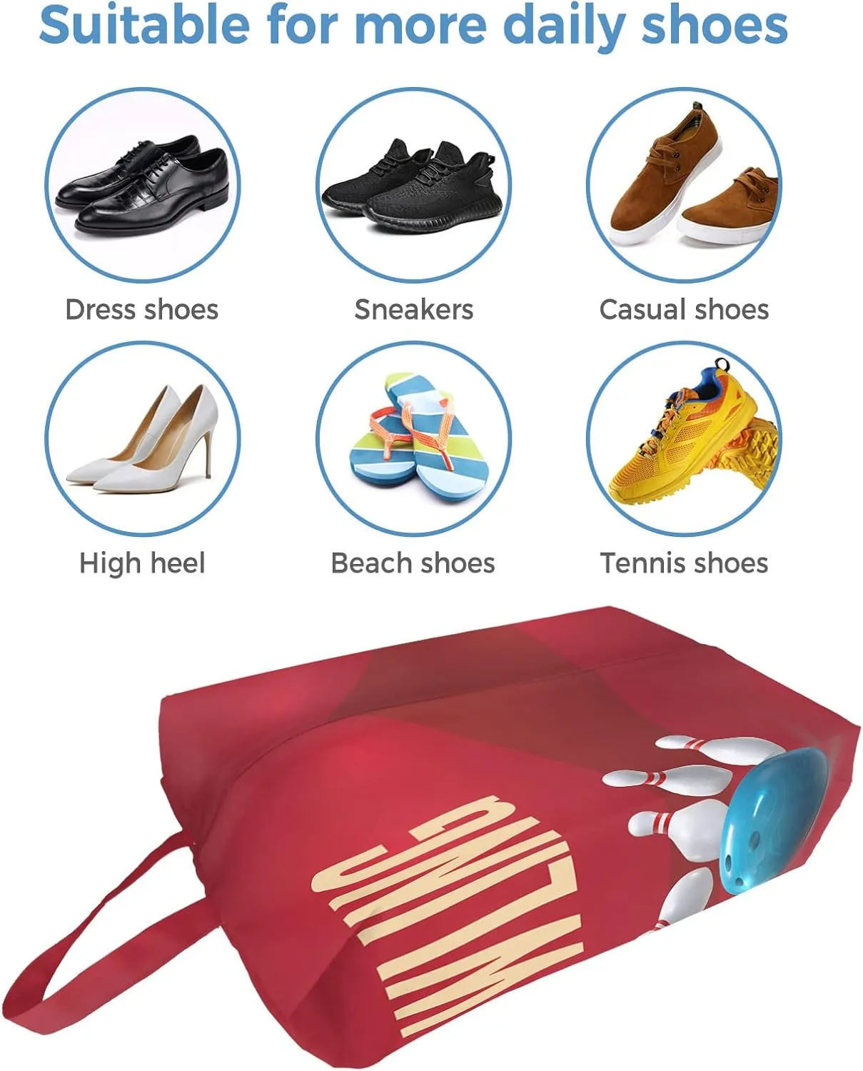 Bowling Shoe Bags for Travel Gym Golf, Waterproof Shoe Bag with Zipper Closure, Bowling Sport Blue Ball Classic Red Decor Large Shoe Organizer Packing Bags Shoe Pouch for Women Men 17.7"x9.8"