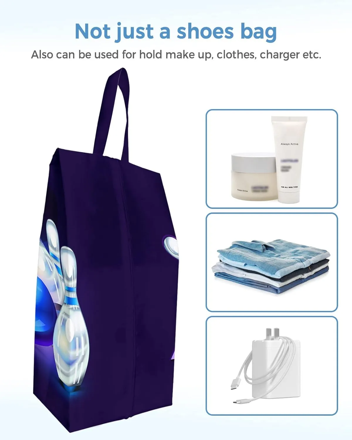Bowling Sport Shoe Bags for Travel Gym Golf, Waterproof Shoe Bag with Zipper Closure, Blue Bowling Ball Purple Ombre Large Shoe Organizer Packing Bags Shoe Pouch for Women Men 17.7"x9.8"