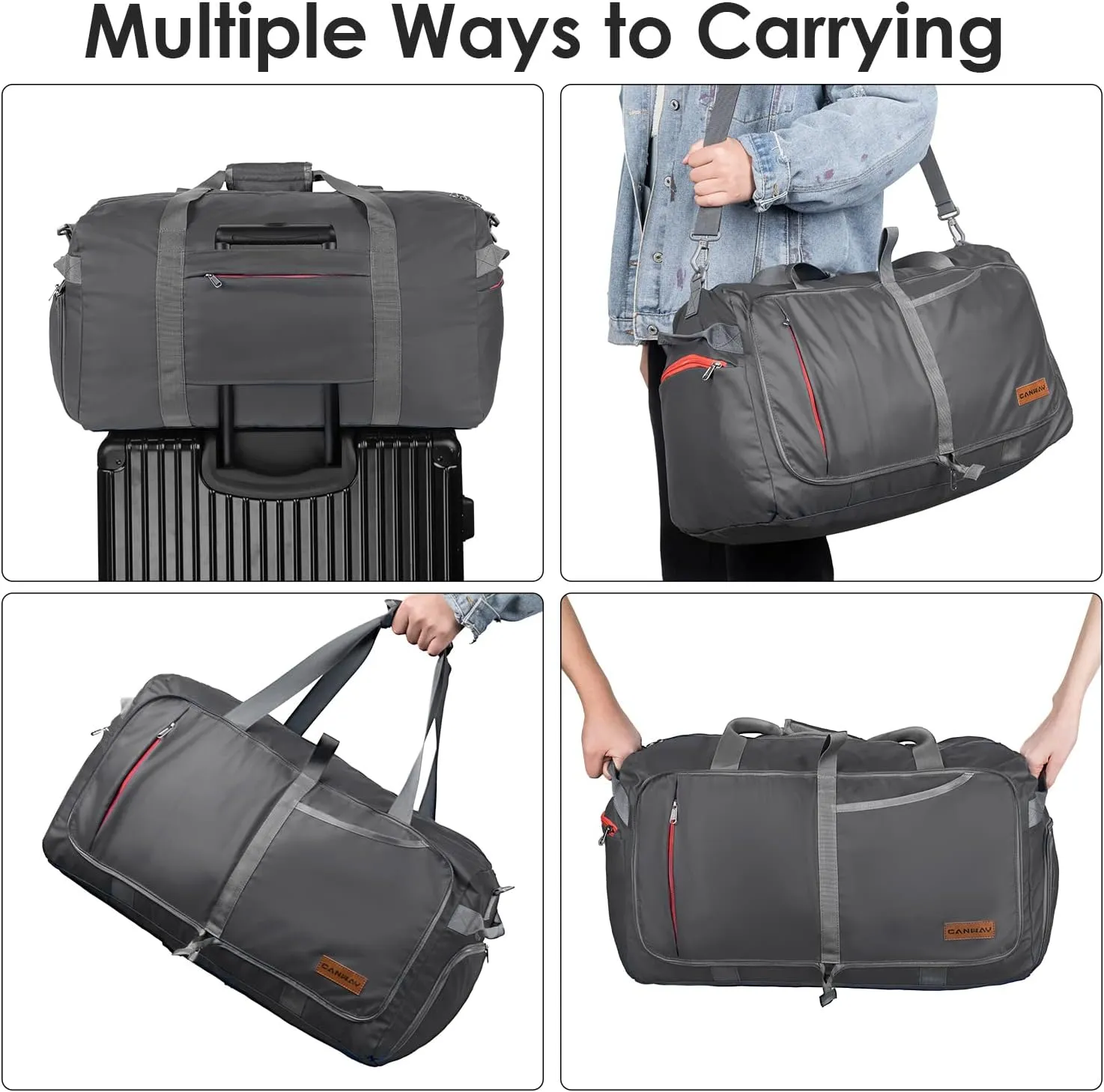 CANWAY 65L Travel Duffel Bag, [New Version] Foldable Large Duffle Bag with Shoes Compartment | Weekender Bag for Men & Women, Waterproof & Tear Resistant-Grey