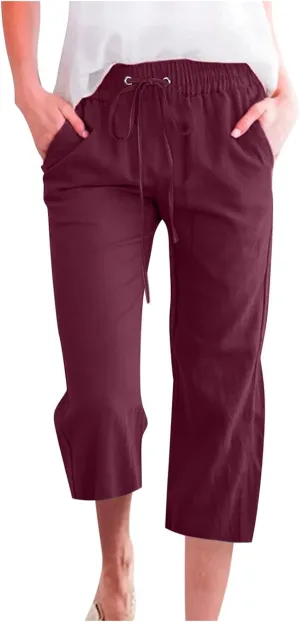 Capri Pants for Women Summer Cotton Linen Pant Casual Beach Capris Lounge Wide Leg Cropped Trousers Pant with Pockets