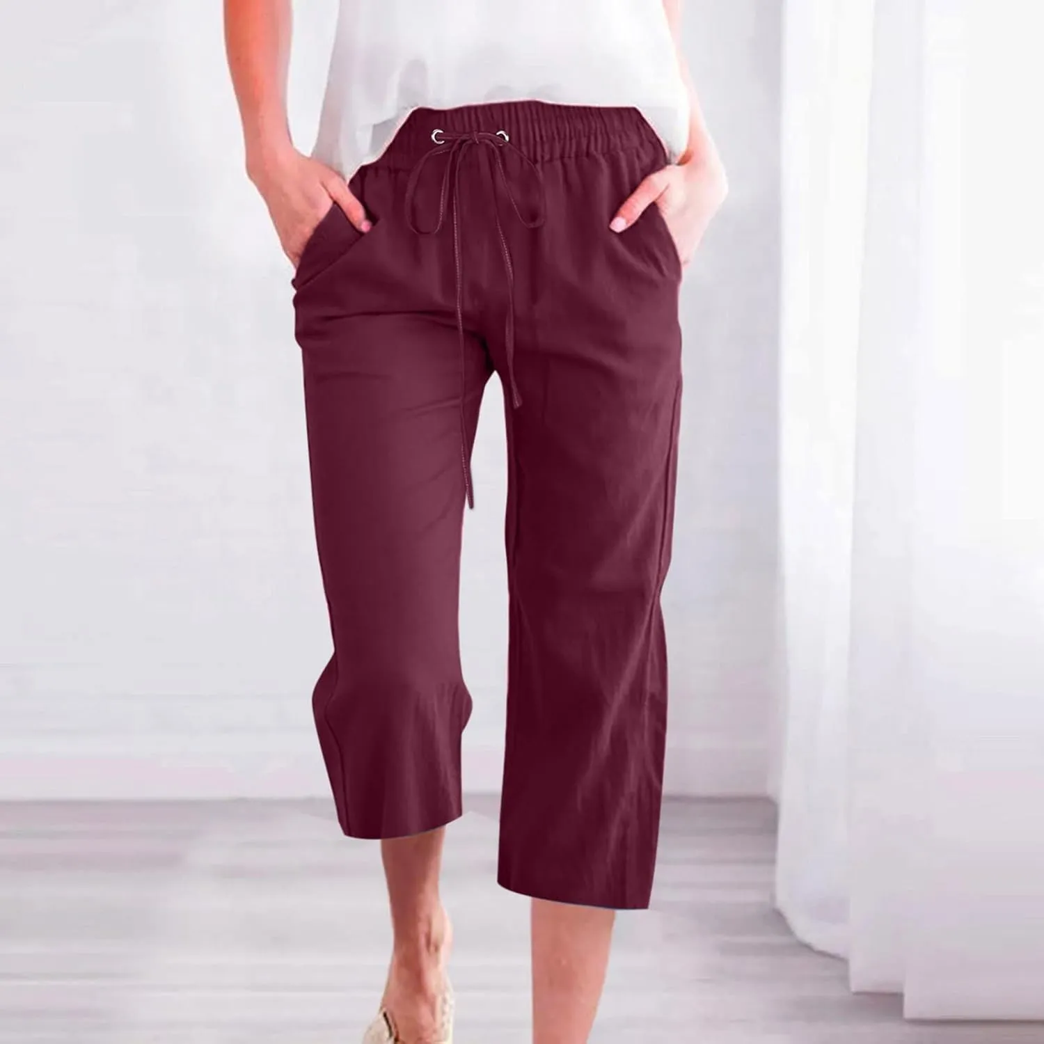 Capri Pants for Women Summer Cotton Linen Pant Casual Beach Capris Lounge Wide Leg Cropped Trousers Pant with Pockets