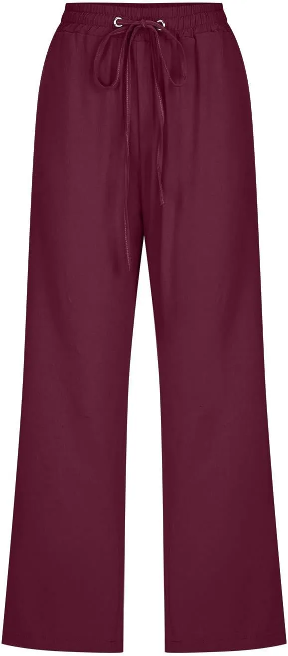 Capri Pants for Women Summer Cotton Linen Pant Casual Beach Capris Lounge Wide Leg Cropped Trousers Pant with Pockets